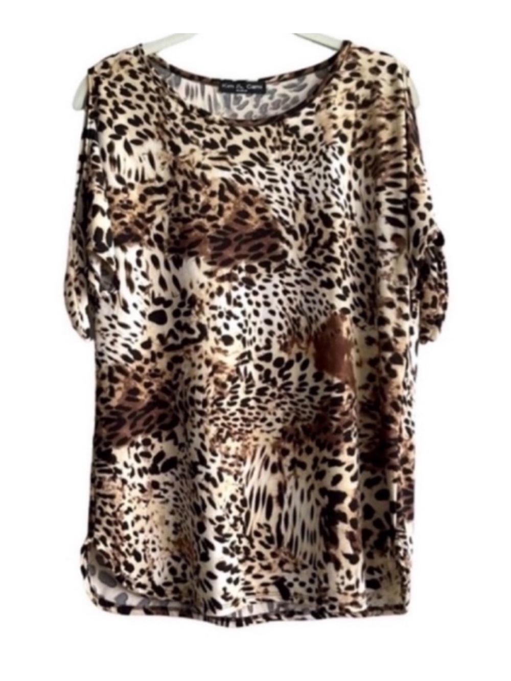 Kim & Cami Short Tie Sleeve Blouse Jersey Cold Shoulder Brown Cream Size M